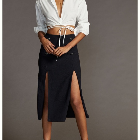 NWT Anthropologie Maeve Navy Dual Split Button MIDI Skirt Size 16 - Picture 3 of 14